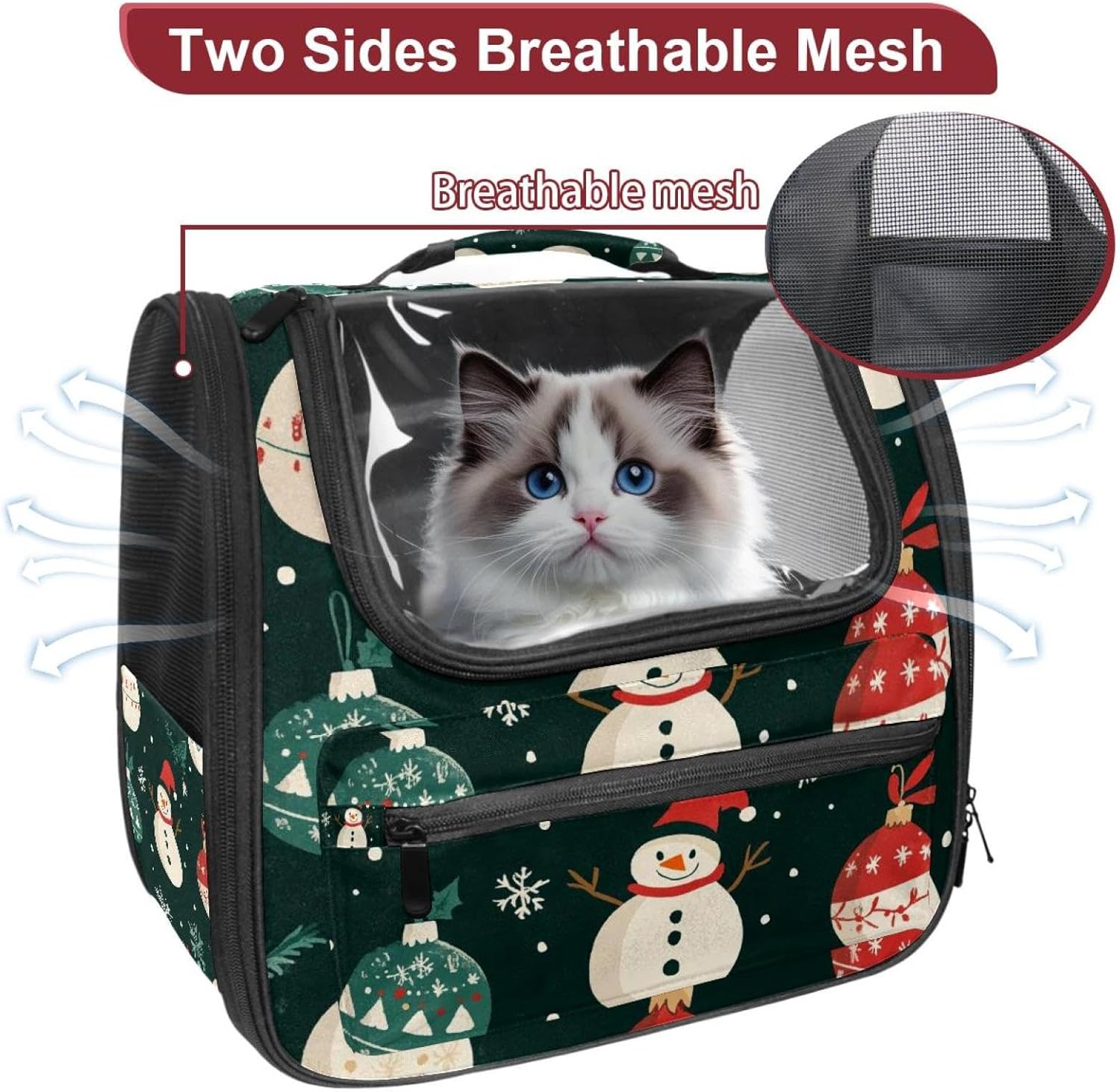 Merry Christmas Snowman Pet Carrier Airline Approved Soft Sided Portable Cozy Travel Pet Bag, Car Seat Safe Carrier for Cats and Dogs