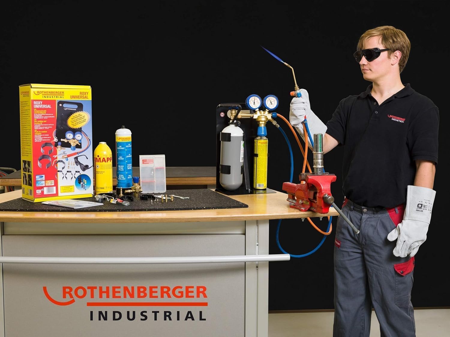 ROTHENBERGER Industrial Roxy Kit Eco | Kit saldatura e brasatura autogena | SET con MAXIGAS 400 ml, tubi, ugello 0,9 mm, occhiali (senza ossigeno)