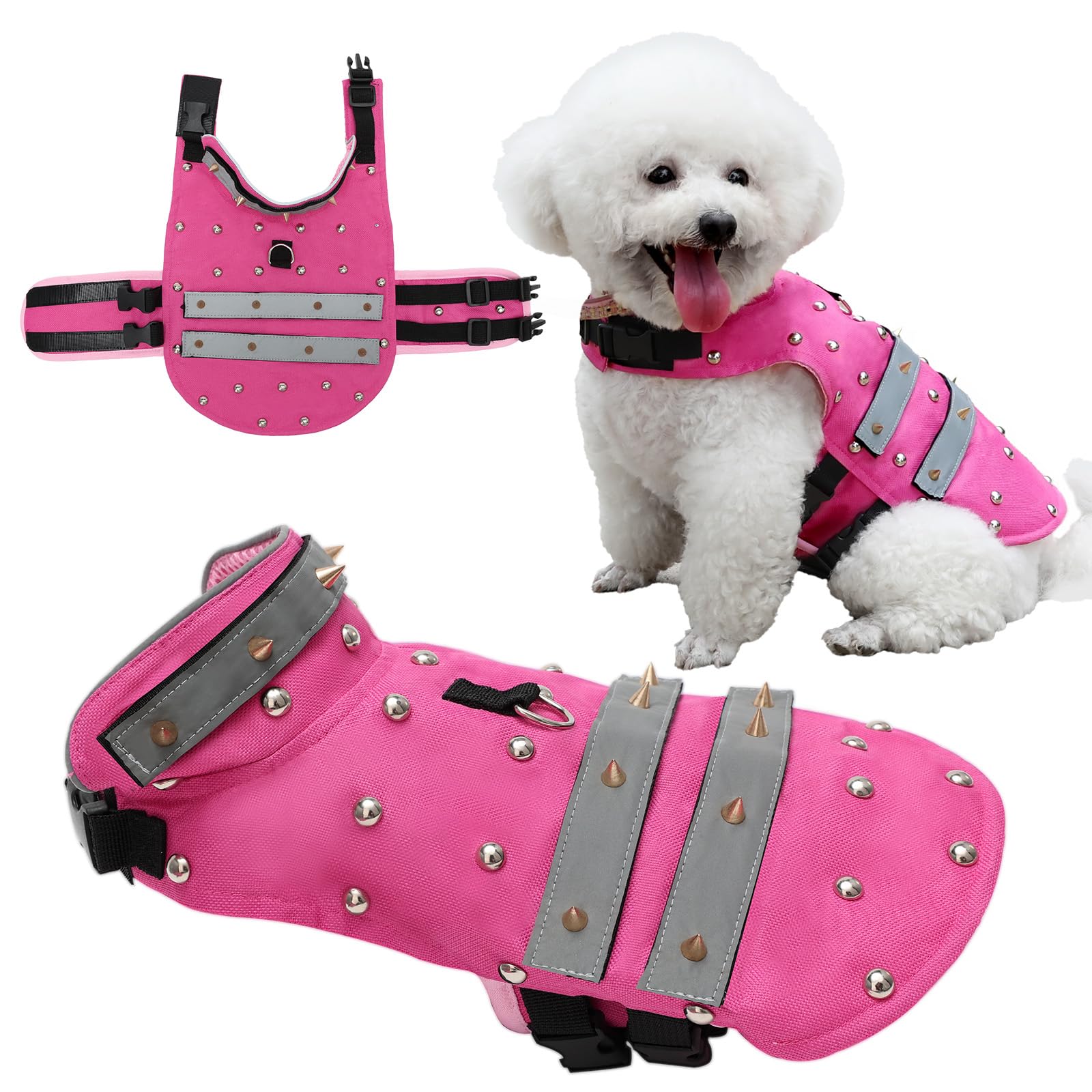 Spike-Weste für Hunde, Kleine Haustiergeschirr mit Spikes - Verstellbarer, reflektierender Anti-Coyote-Hundemantel, Hundeschutzweste für Outdoor-Walking-Camping XS