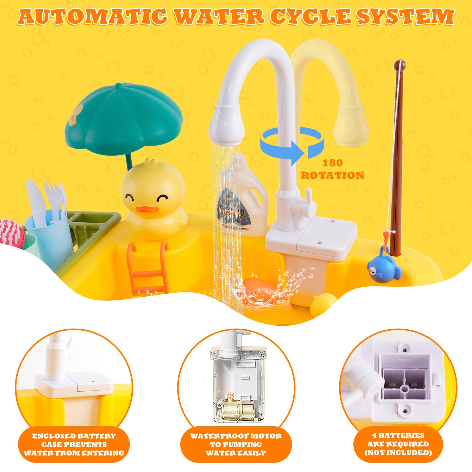 Fregadero de juego con agua corriente, juguetes de fregadero de cocina, juguetes flotantes de pesca para juegos de agua, juguete de lavavajillas para niños (tema de pato)