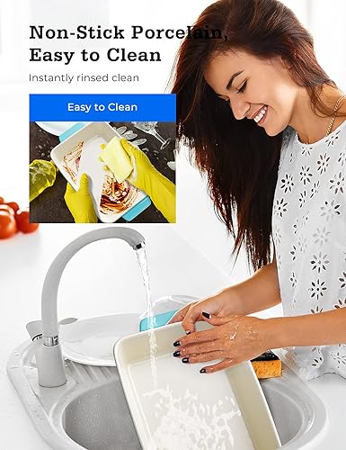 Miniatura 4 de Cacerola de cerámica de 3 piezas, platos rectangulares para hornear para horno, utensilios de cerámica con asas, sartén para lasaña grande