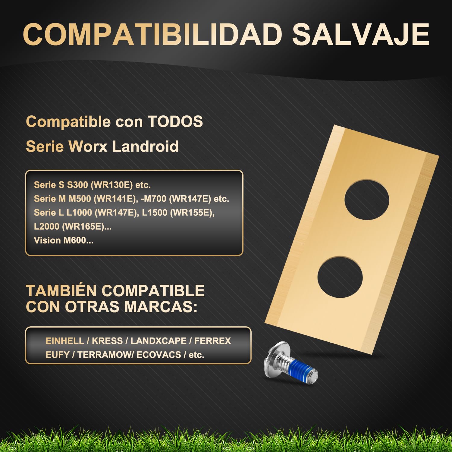 Lote de 36 cuchillas compatibles con Worx Landroid, LandXcape, Einhell, Eufy, TerraMow, ECOVACS Robot cortacésped, cuchilla de repuesto de titanio robusta, incluye tornillos con pintura de seguridad