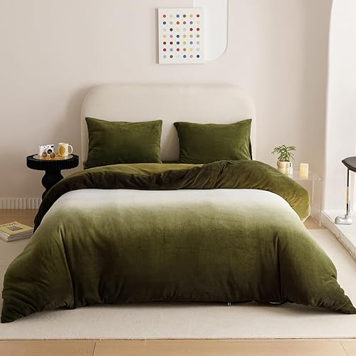 Juego de edredón verde y blanco de terciopelo, tamaño Queen, color verde oliva, edredón para mujer, color blanco liso y verde militar, edredón suave