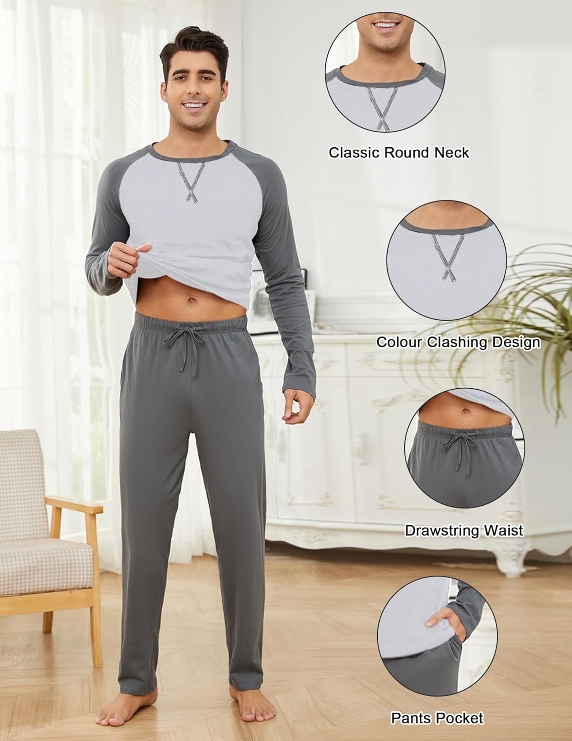 Men's Pajama Set 100% Cotton Mens Pjs Sets Long Sleeve T-Shirts and Pants Sleepwear Lightweight Soft Loungewear - Image 3