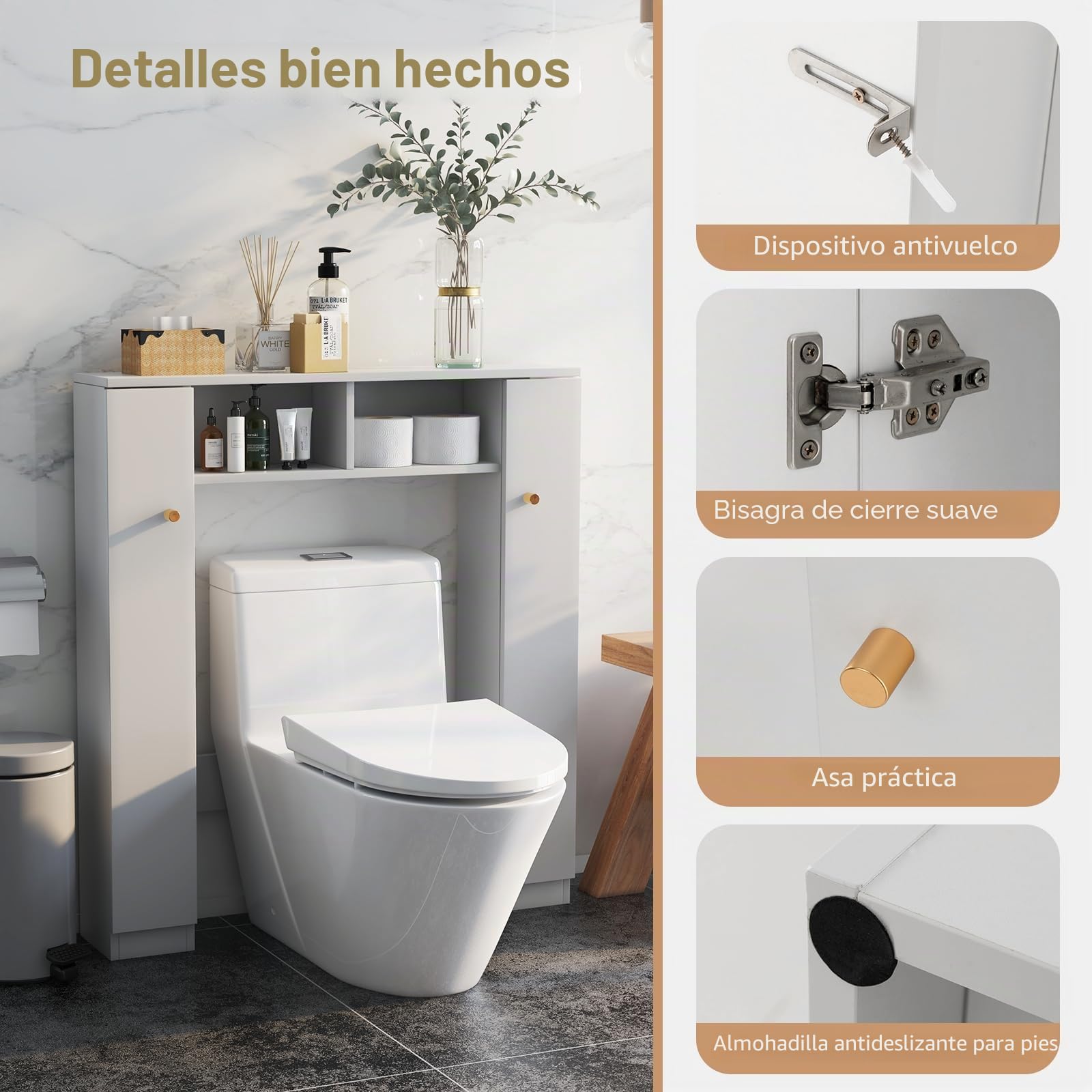 GOPLUS Mueble para Inodoro con estantes Superiores al Inodoro, Organizador de Almacenamiento Independiente de baño con Puertas Dobles y 4 estantes Ajustables (Blanco)