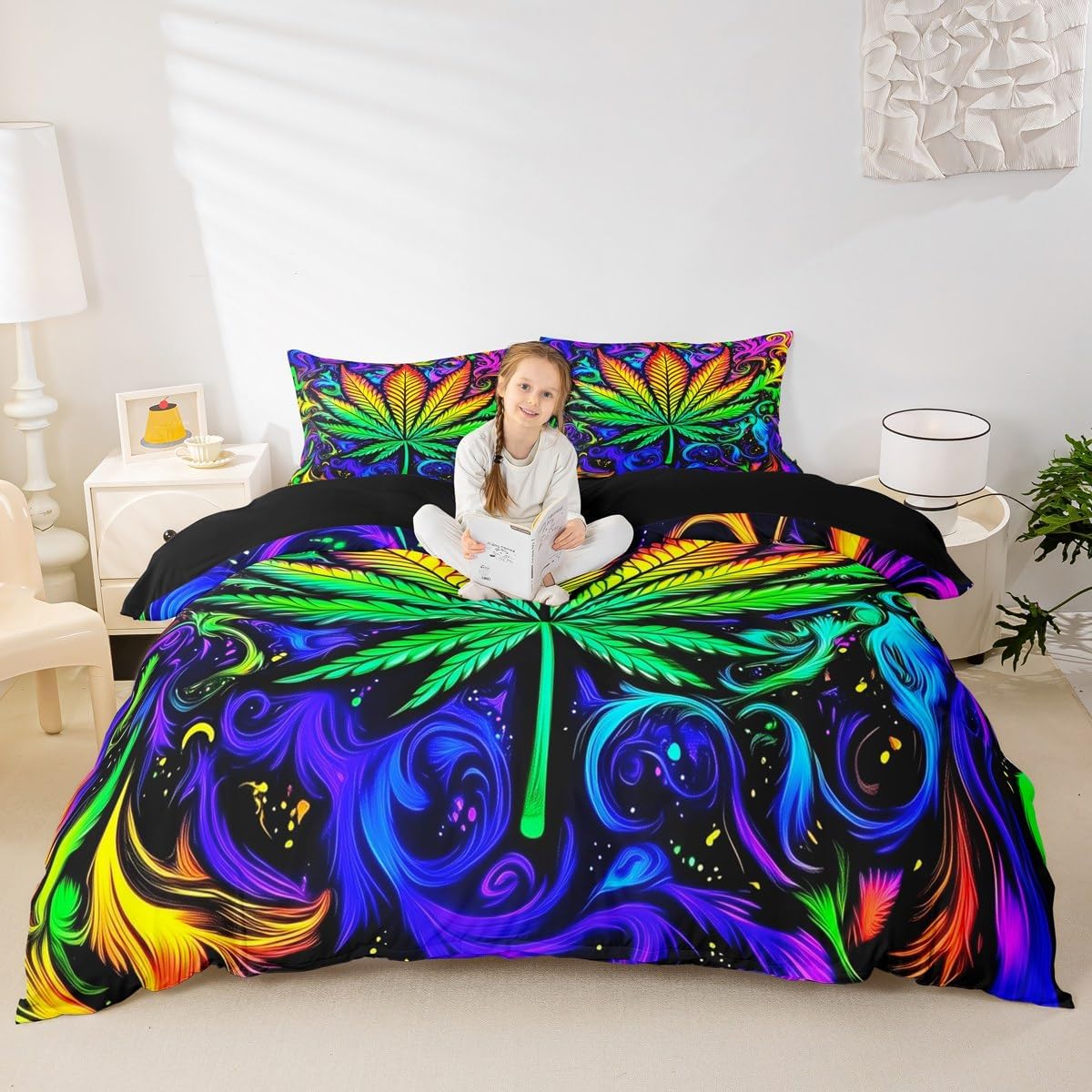 jejeloiu Marijuana Weed Leaf Duvet Cover Toddler Size Cannabis Leaves Bedding Set for Kids Botanical Plants Print Comforter Cover Teens Decor Green Yellow,NO Comforter