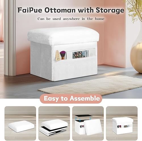 Miniatura 5 de Cubo otomano de almacenamiento, otomana pequeña con almacenamiento con asiento acolchado peludo más grueso, taburete reposapiés plegable de piel