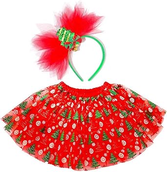 TWINKLEDE Christmas Tutu Skirt Xmas Costume Skirts Festival Outfits Tulle Tutus with Headband for WomenA Red & Green