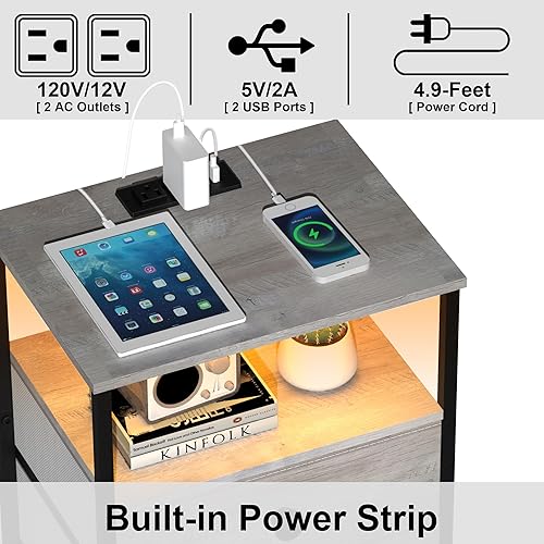 Miniatura 5 de Mesita de noche con estación de carga, salida USB y luz LED, mesa auxiliar con 3 cajones de tela y estante de almacenamiento para dormitorio, sala