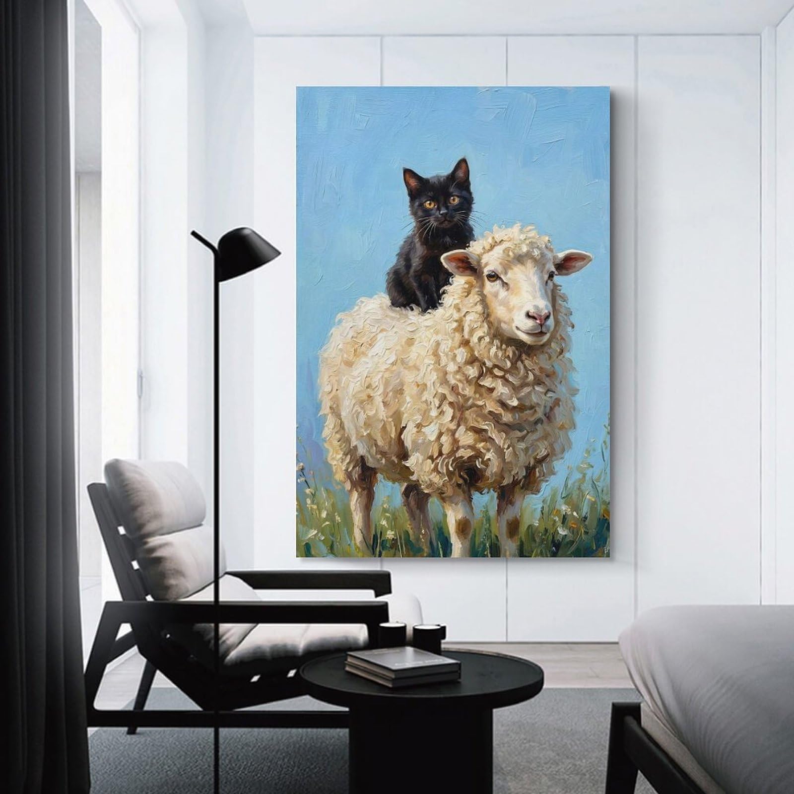 Junmoney Black Cat Riding A Sheep Canvas Art Print, 12x18inch(30x45cm), for Bedroom Decor, Cosy Corners Or Studios, A Warm Accent for Relaxed Interiors