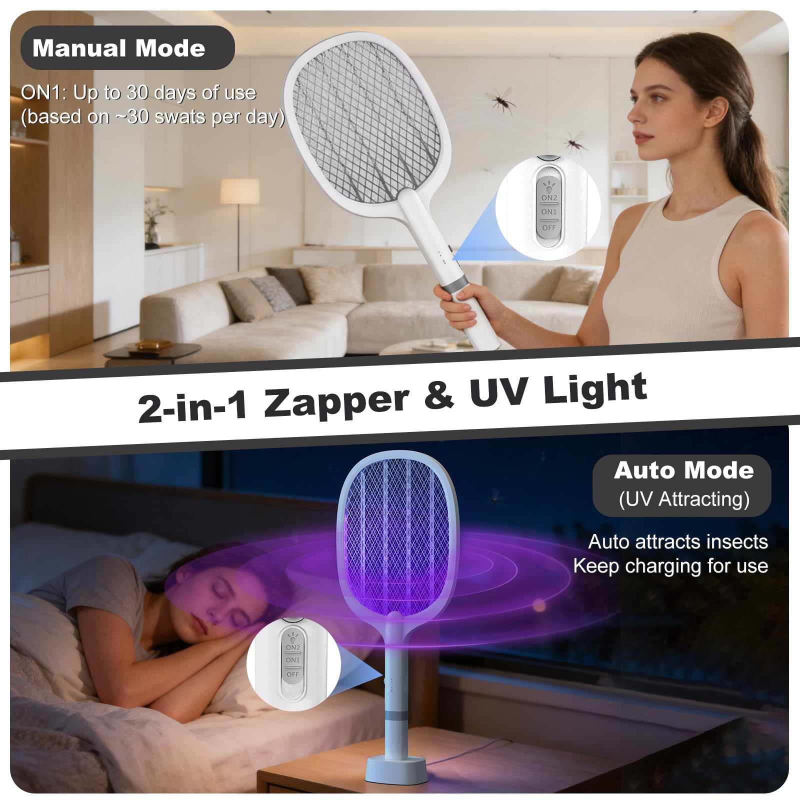 Raqueta Matamoscas Electrica, 2 en 1 5000V Raqueta Mosquitos Eléctrico con Base Recargable, 2 Modos, Protección de Malla de Tres Capas, para Uso en Interiores y al Aire Libre