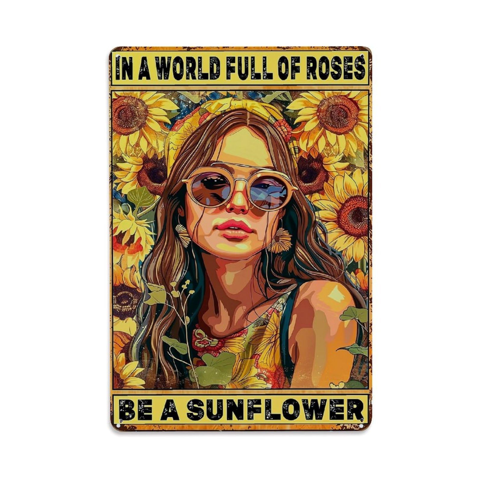 Woman With Sunflowers Background Print Retro Metal Tin Sign, Vintage Metal Poster for home, Gaming Room, Studio Workshop,Bar,Garage Wall Art Decor 8x12 Inch