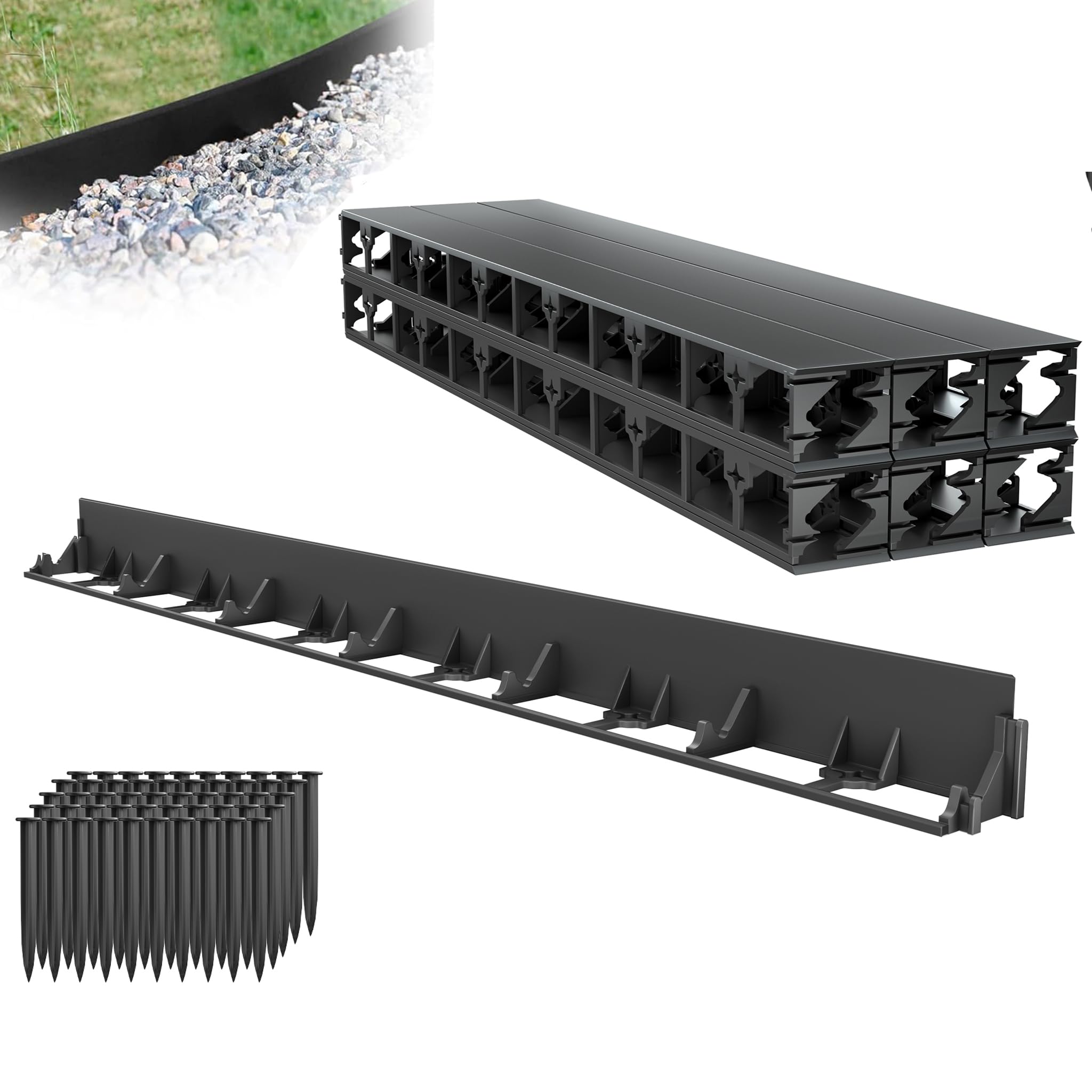 XMTECH Borde flexible para césped de plástico, 12 m, altura 78 mm, con 50 piquetas de fijación, borde de arriate de flores, color negro