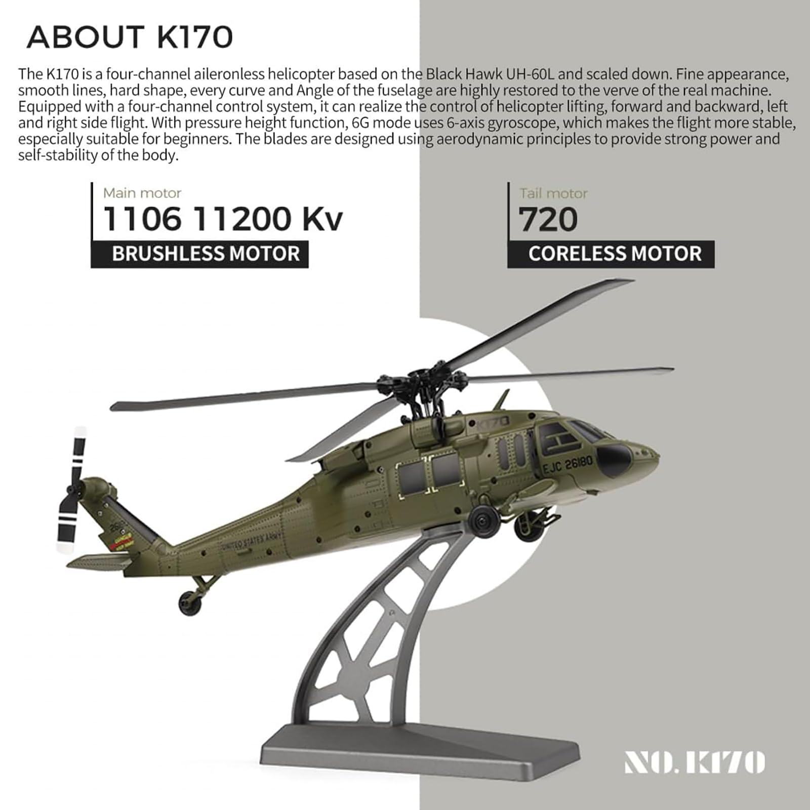 K170 UH60L Zdalnie sterowany helikopter Samolot 2.4Ghz 4CH RC Helikopter Bez lotek 6-osiowy Żyroskop Wysokość dla dorosłych początkujących