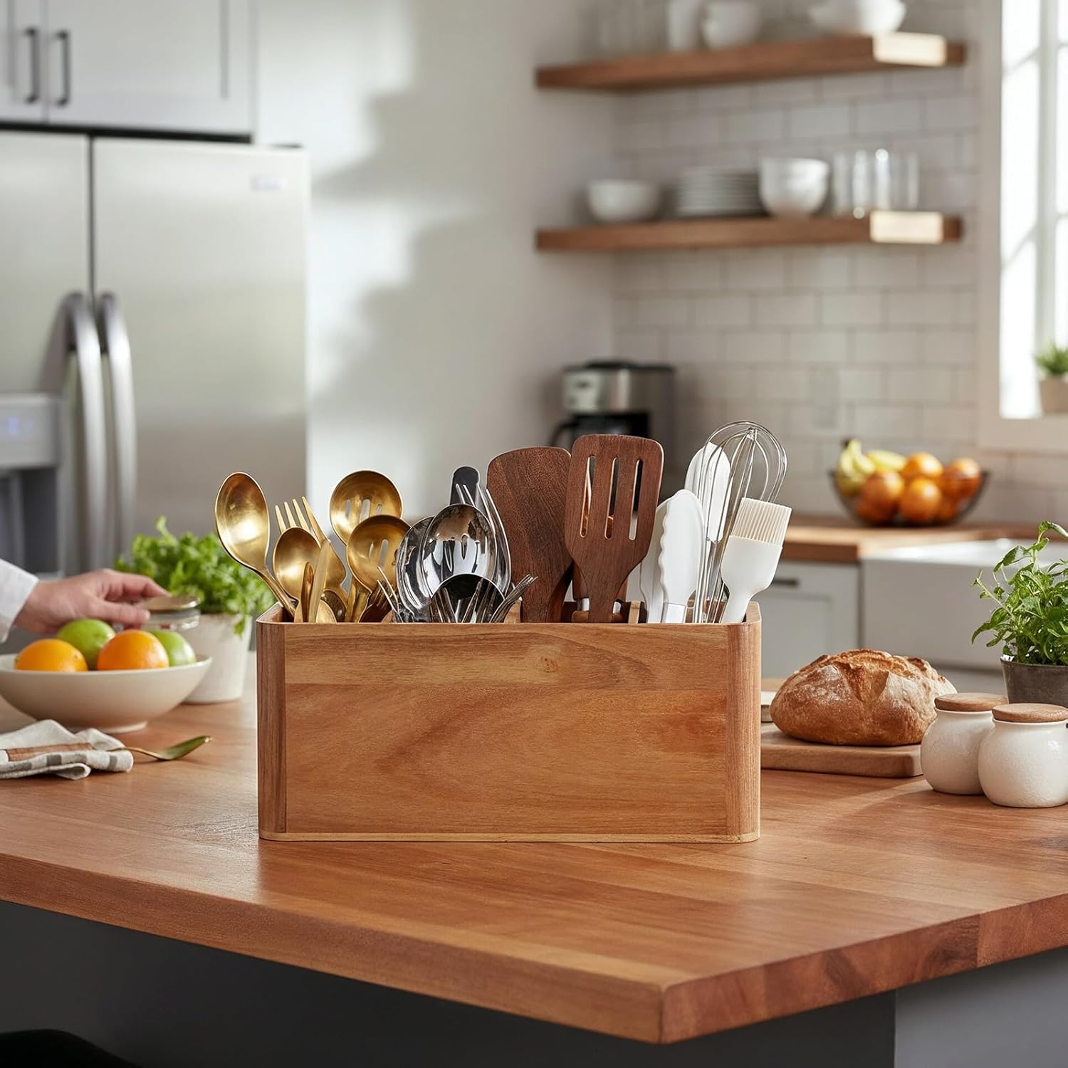 Wooden Kitchen Utensil Holder Organizer for Counter or Countertop, Extra Large Acacia Wood Organizer with 4 Compartments for Storage Spoons and Spatulas Utensils and Cutlery Storage