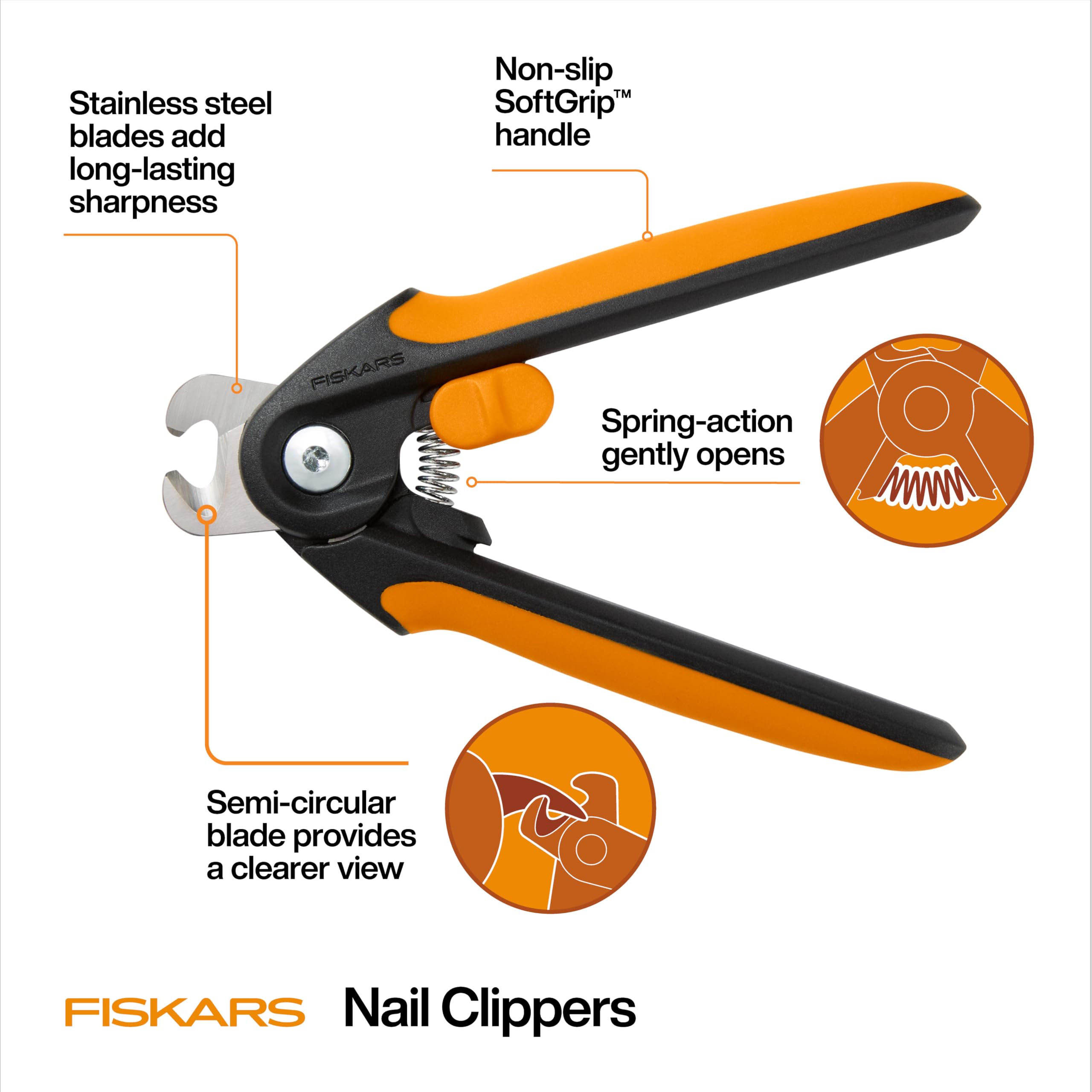 Fiskars Tagliaunghie grande per animali domestici, tagliaunghie per cani e gatti, lama semicircolare e manico SoftGrip con blocco di sicurezza, 14,6 cm, arancione/nero