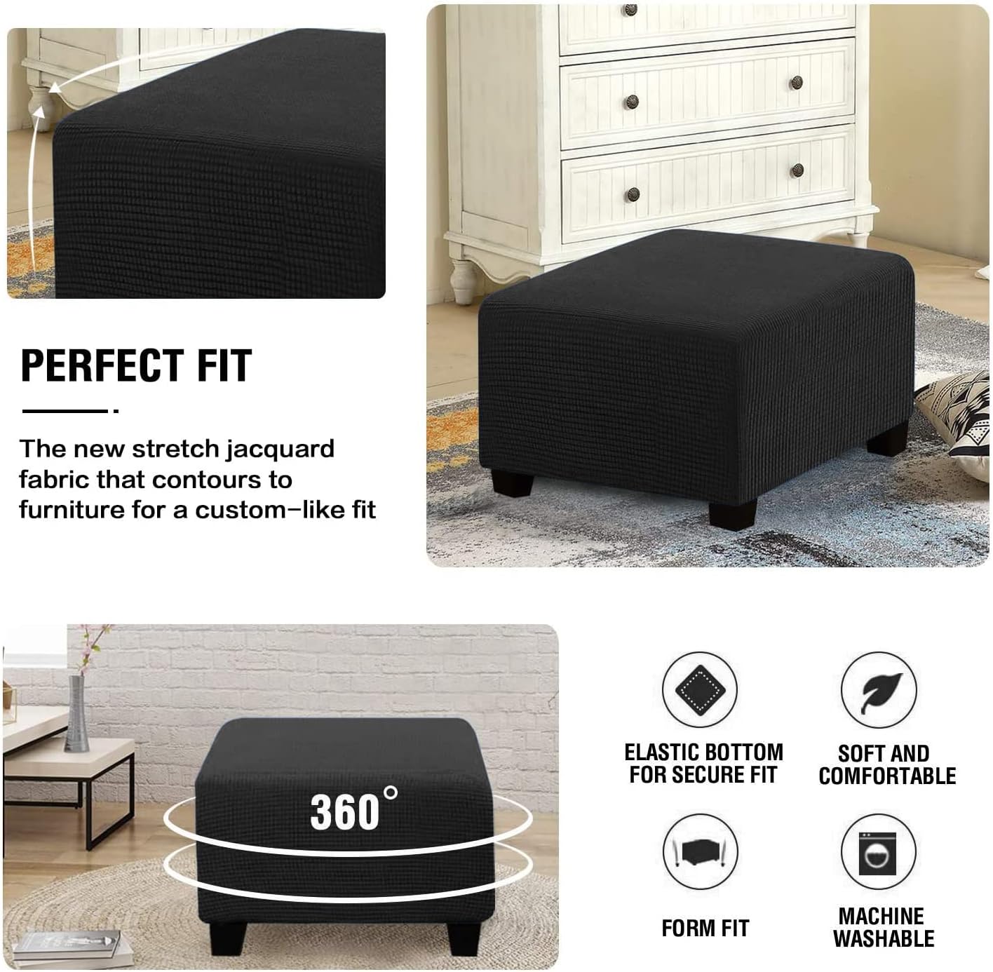 2 Pieces Ottoman Slipcover Square Cube Small Ottoman Cover Stretch Storage Ottoman Cover 17x17/19x19inches Footrest Foot Stool Cover Furniture ProtectorJacquard,#12,S33~43CM