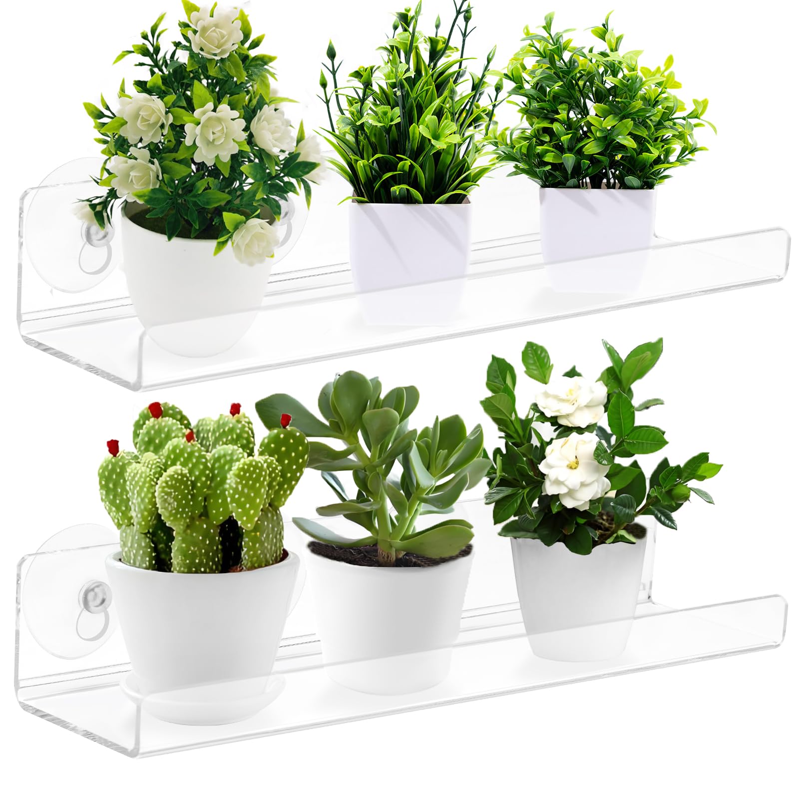 12 Inch 2-Pack Acrylic Window Sill Extender Shelf - Expandable Suction Cup Plant Shelf for Indoor/Outdoor Use, Holds Succulent Planters, Herb Pots, Flower Boxes & Heavy Duty Window Gardens
