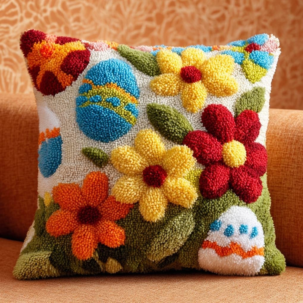 WallustrioaW Latch Hook Kit 17x17in,Easter Eggs and Flowers