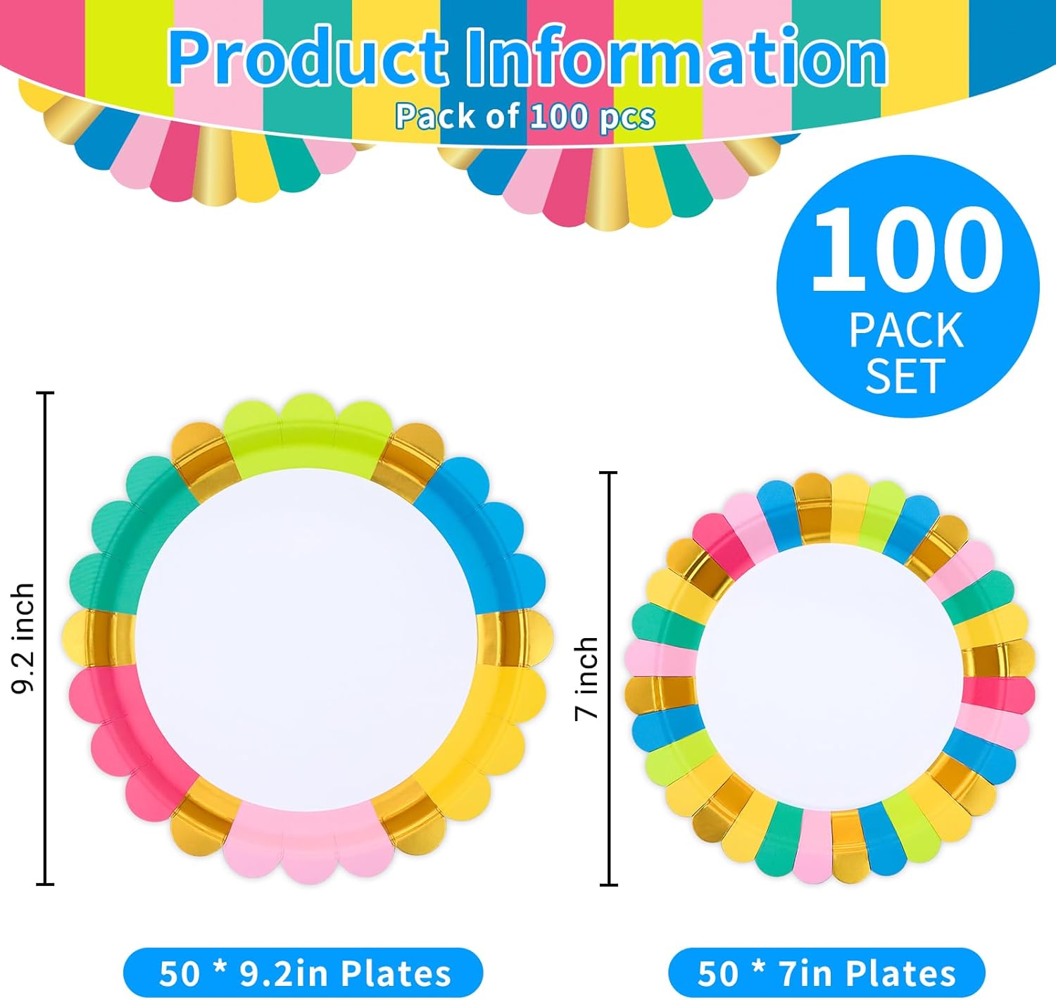 Scalloped Paper Plates 100pk, Disposable Party Plates with 50pk Dinner Plates & 50pk Dessert Plates, Gold Foil Paper Plates for Party Wedding Birthday Anniversary and Engagement Party Decorations