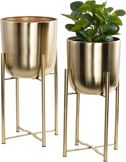 CosmoLiving by Cosmopolitan Gold Metal Dome Planter Set of 2 - Large Indoor Outdoor Pots with Removable Stand, 19" & 22"H