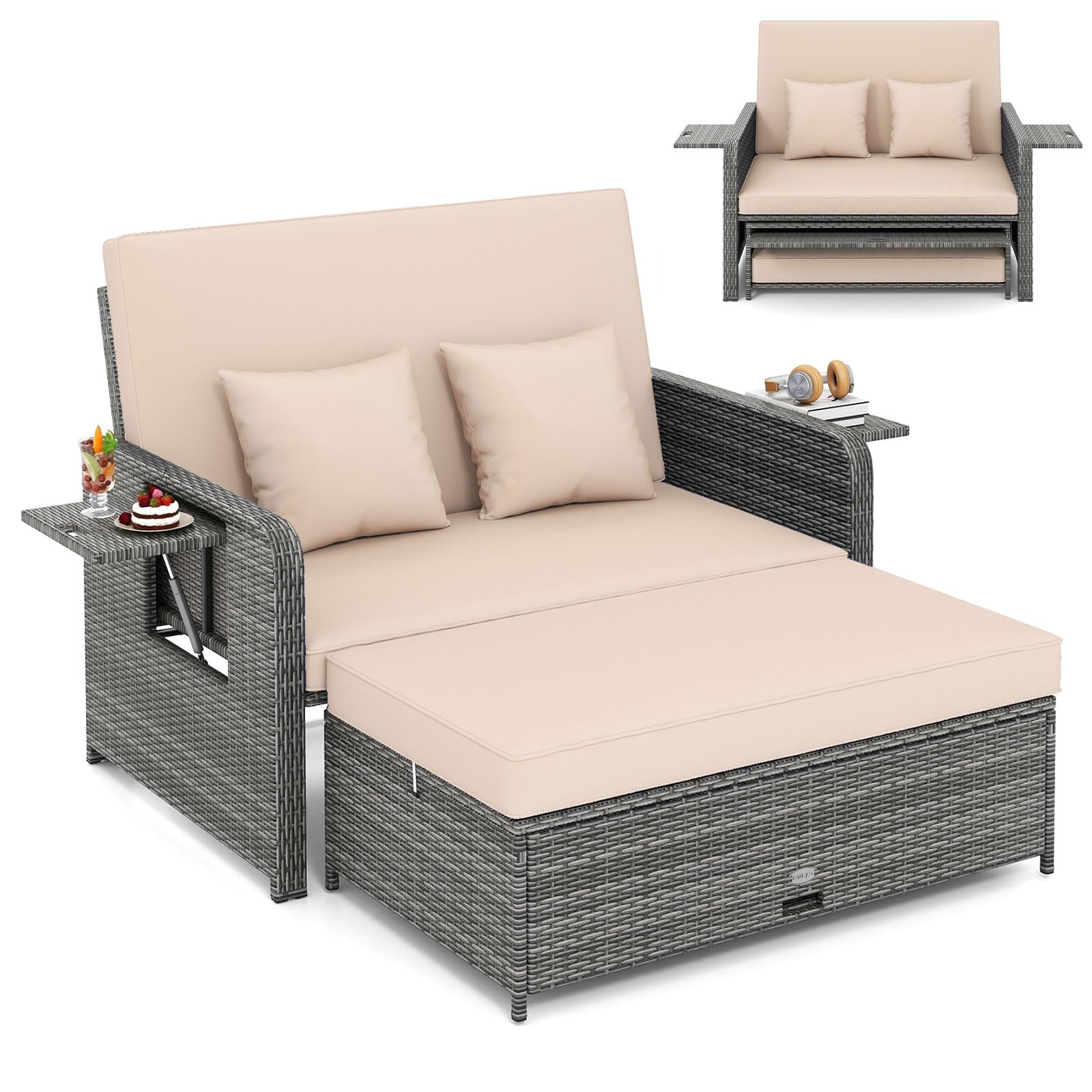 Costway Garden Rattan Daybed, 4-Level Adjustable Patio Wicker Loveseat Sofa Bed Sun Lounger with Storage Ottoman, Retractable Tray & Cushions, Outdoor Double Conversation Furniture (Beige+Mix Grey)