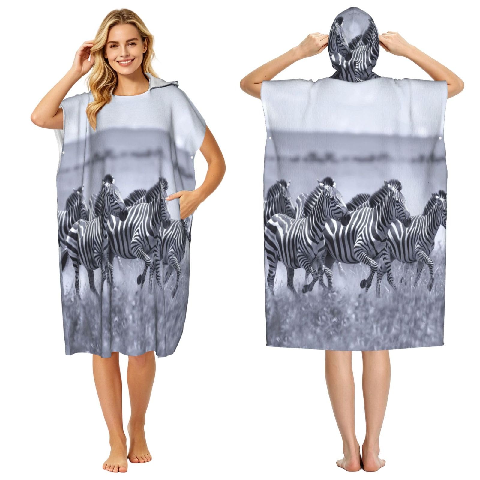DTHKJNLSF Zebra On The Grassland Adult Hooded Beach Poncho Towel