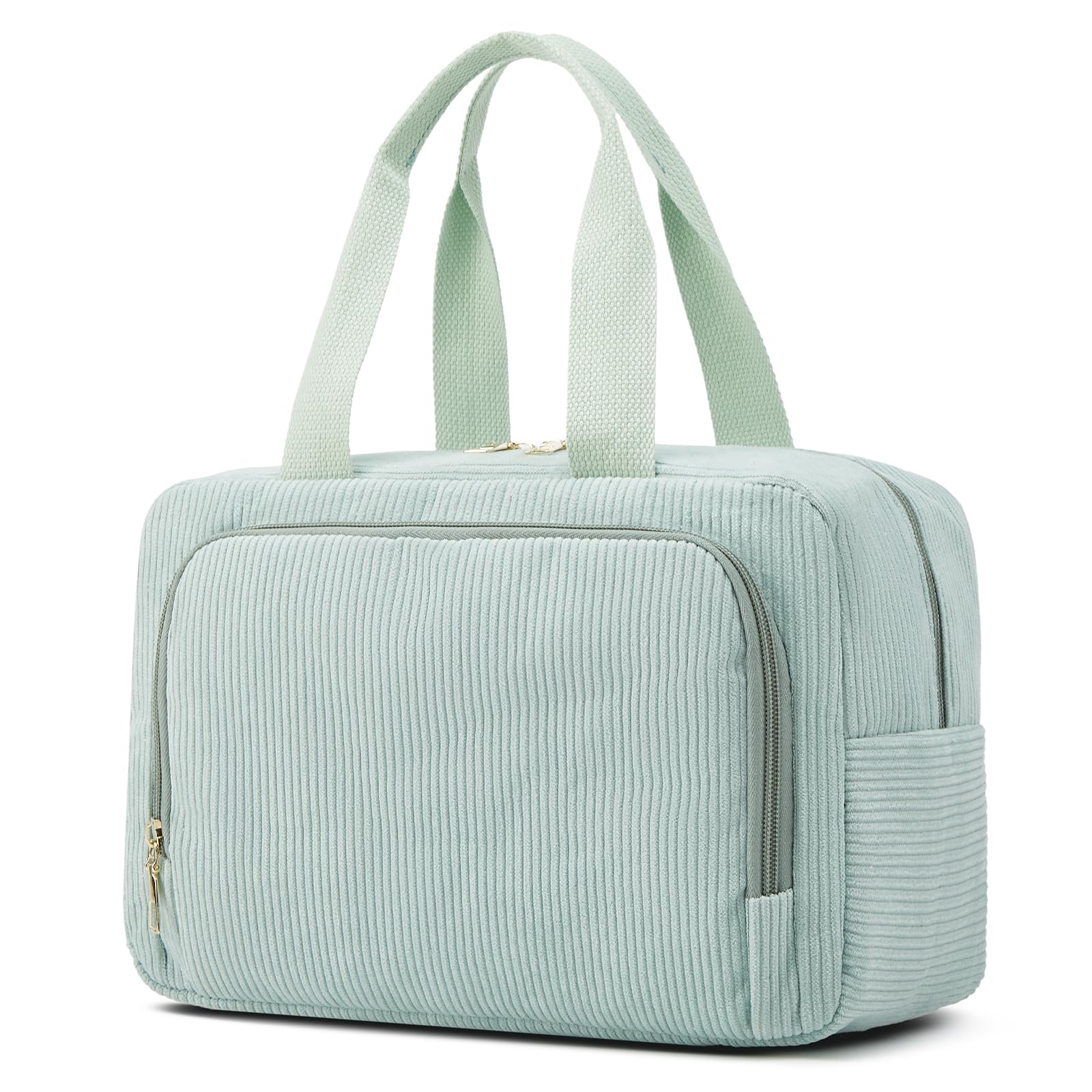 Funtlend Damen Kosmetiktasche M Größe (7,8L) - Große Cord Kulturtasche mit Tragegriff für Makeup,Toilettenartikel,Alltag & Reise(Grün-2,M)