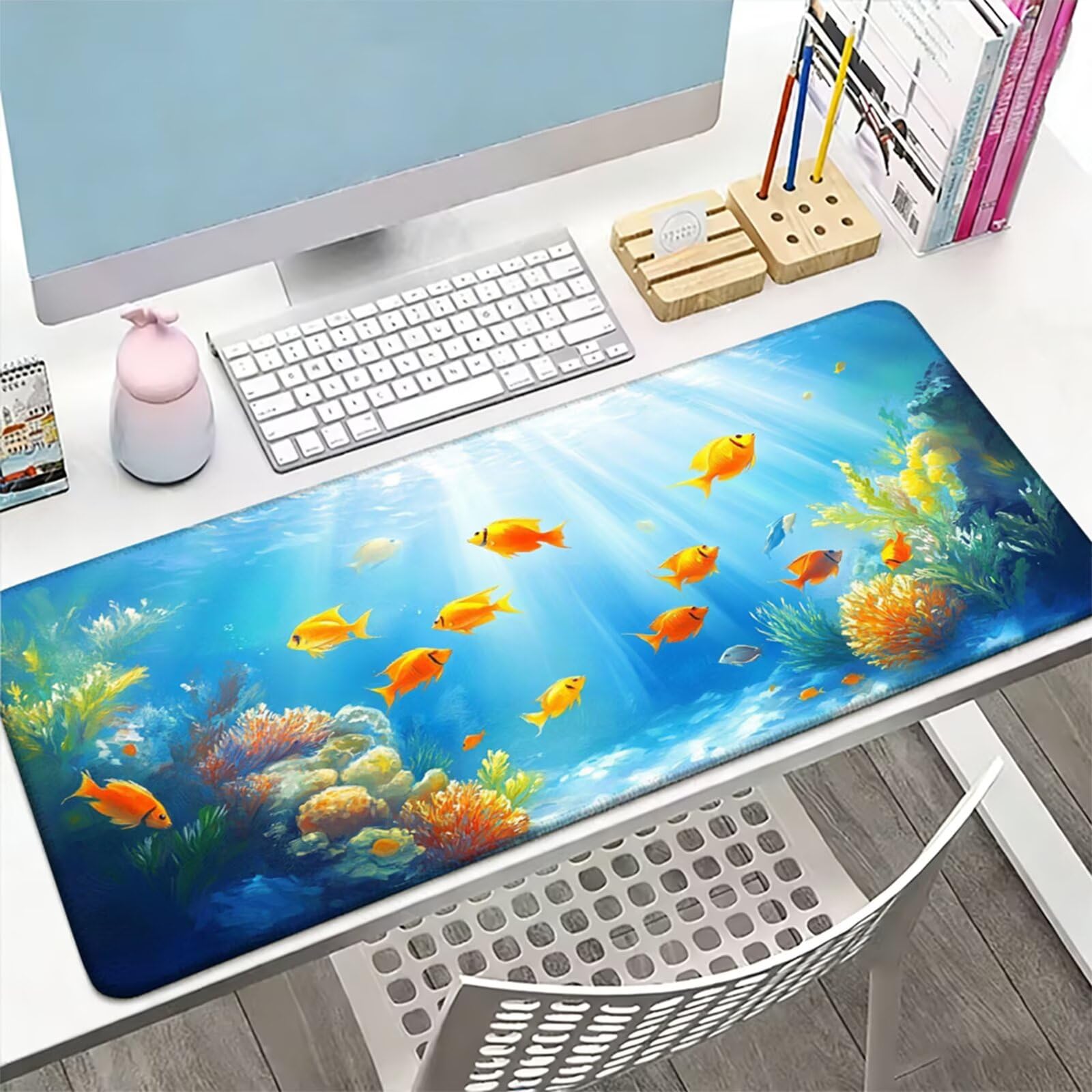 Podkładka pod mysz XXL 1000 x 500 x 3 MM, duża niebieska podkładka pod mysz z wodoodporną i antypoślizgową gumową podkładką pod rybę biurko zszyte krawędzie, poprawia precyzję i szybkość dla gracza W