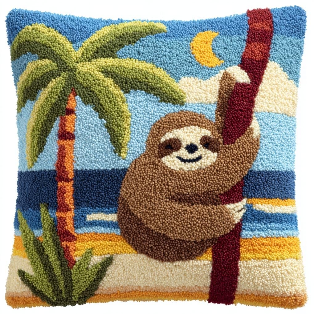 WallustrioaW Latch Hook Cushion Kits,Animal Sloth,Latch Hook Pillow Case Kits Embroidery Carpet Set,DIY Needlework Sofa Cushion,17x17in