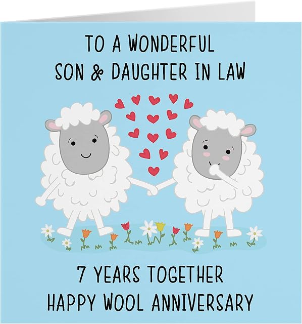 Hunts England Son And Daughter In Law 7th Anniversary Card - To A Wonderful Son & Daughter In Law - 7 Years Together - Happy Wool Anniversary - Iconic Collection - Standard - 148 x 148 mm