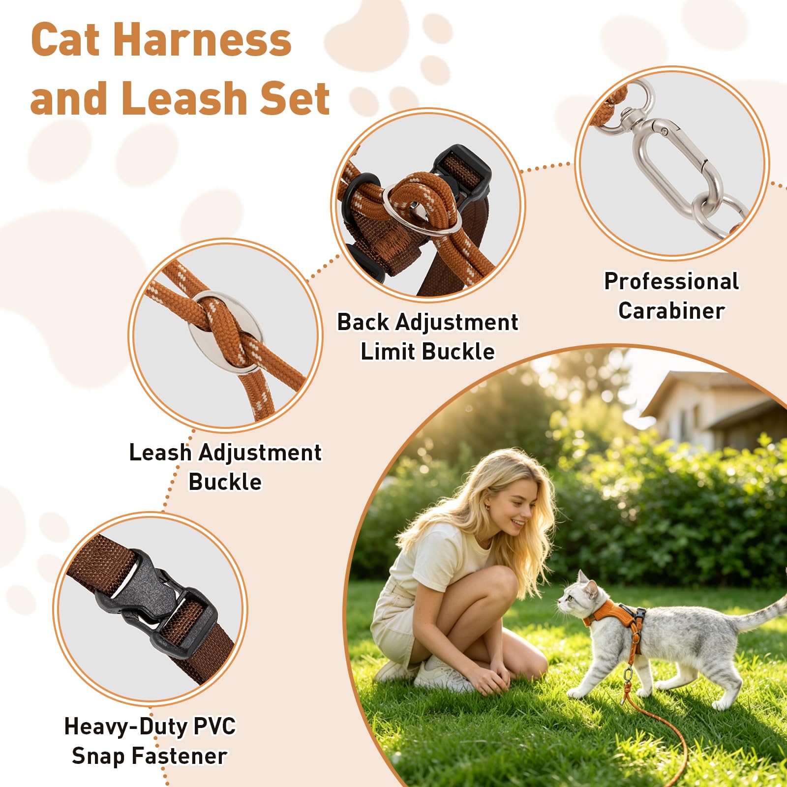 Juego de arnés y correa para gatos, arnés suave ajustable a prueba de escape para gatos, correa para mascotas para cruzar/cintura/de mano, cómodo y ligero para caminar al aire libre (café)