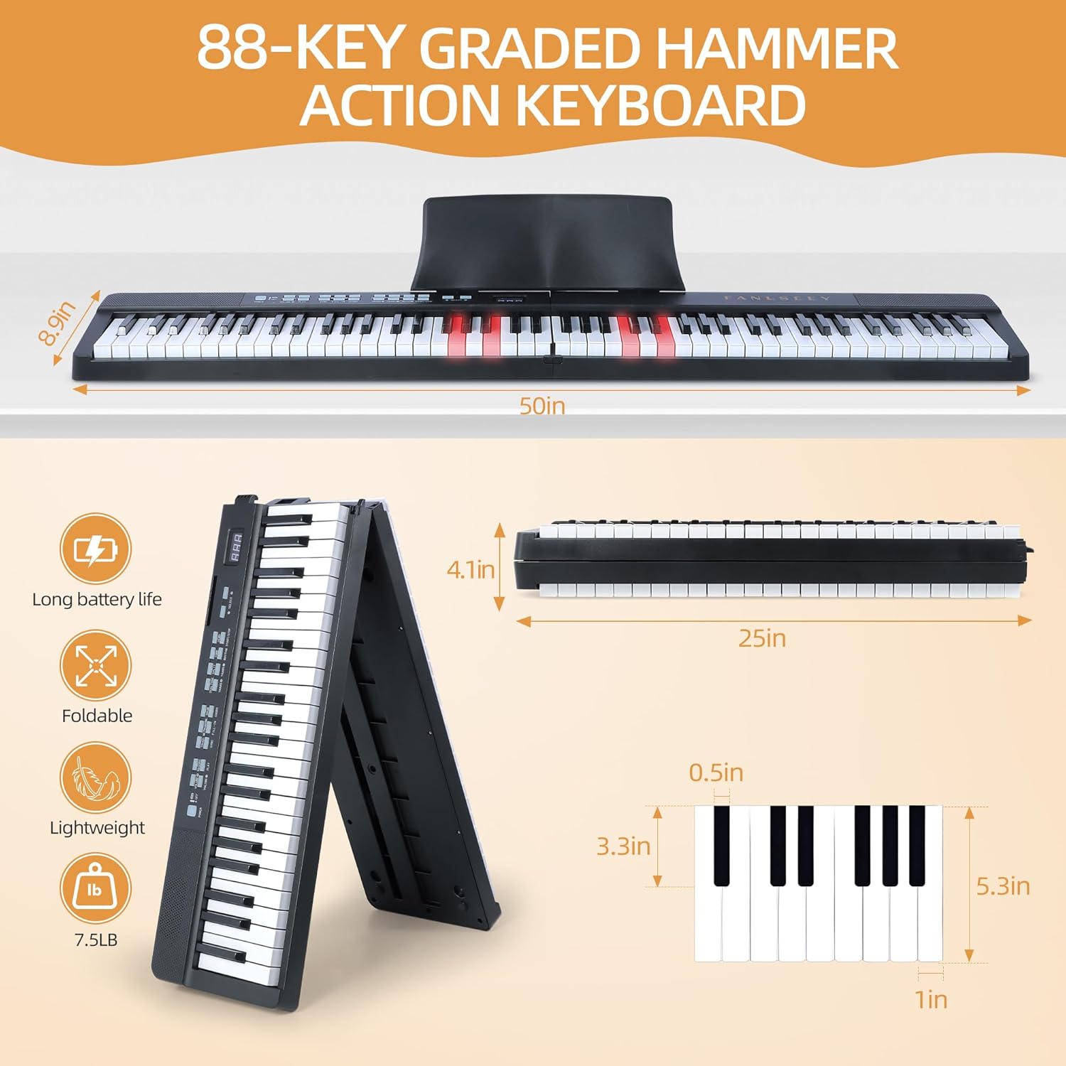 88-Key Folding Digital Piano Keyboard - Full Size Light-Up Keys with Sustain Pedal, Portable Electric Piano (7.5lbs) with Dual Bluetooth, MIDI, Carrying Bag & Headphones for Beginners, Adults(Black)