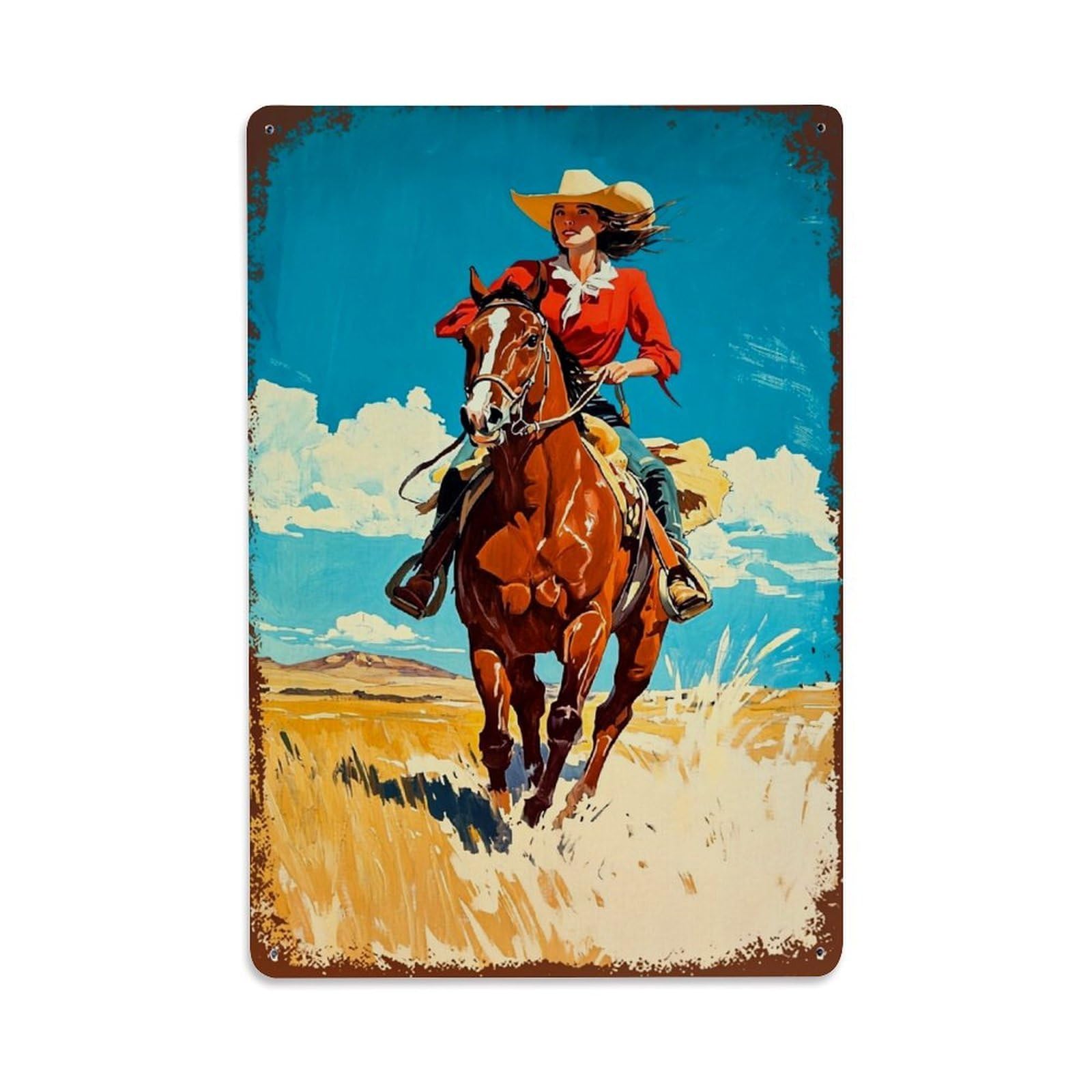 Cowgirl Riding Horse Western Art Retro Metal Tin Sign, Vintage Metal Poster for Bar, Home, Man Cave, Kitchen, Laundry Room Art Decor 8x12 Inch