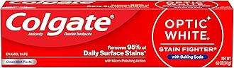 Colgate Optic White Stain Fighter with Baking Soda Whitening Toothpaste, Clean Mint Flavor, Removes Surface Stains, Enamel-Safe for Daily Use, Teeth Whitening Toothpaste with Fluoride, 6 Oz Tube