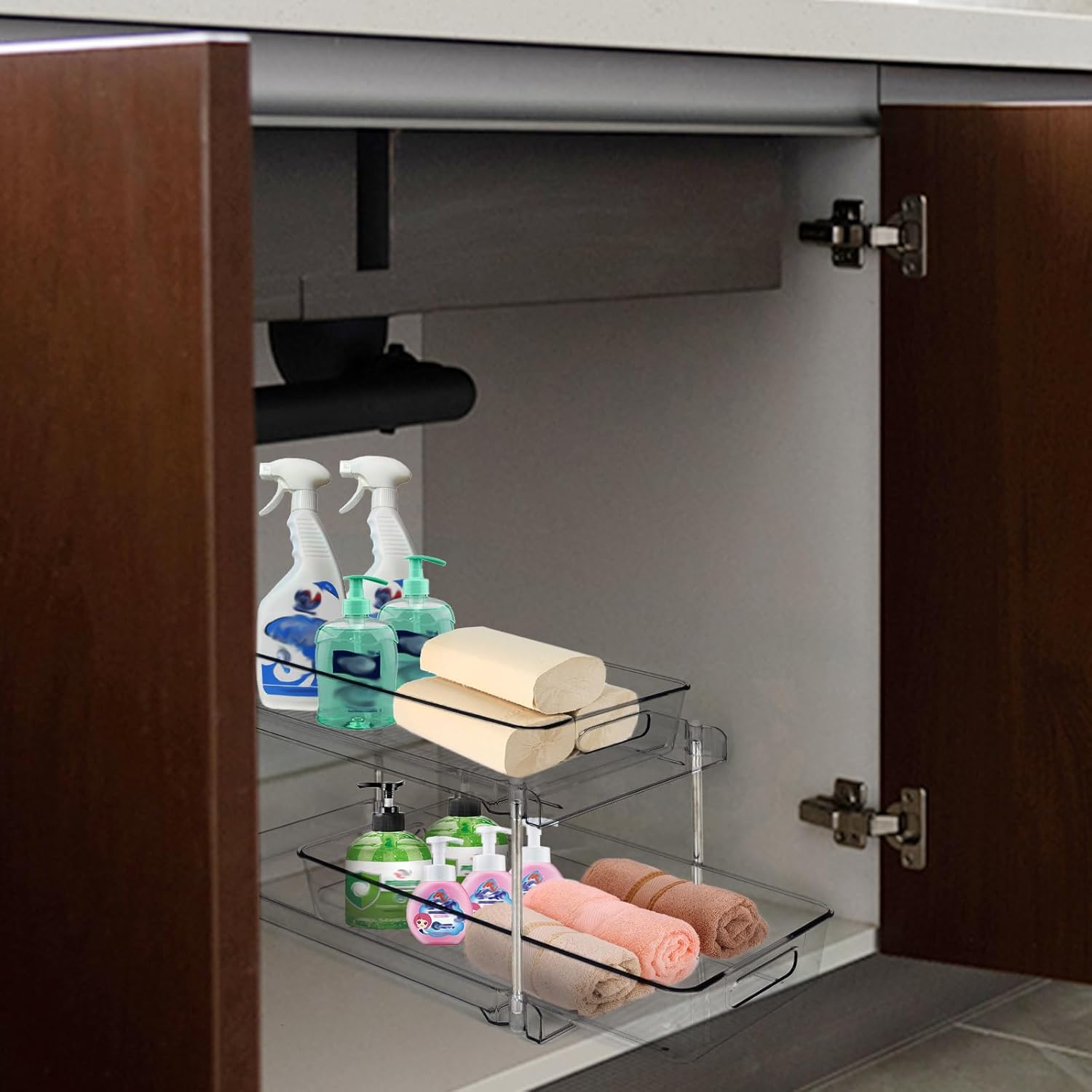 シンク下オーガナイザーとバスルームやキッチン用収納、2段引き出し式キャビネットオーガナイザー バスルームバニティカウンターパントリー