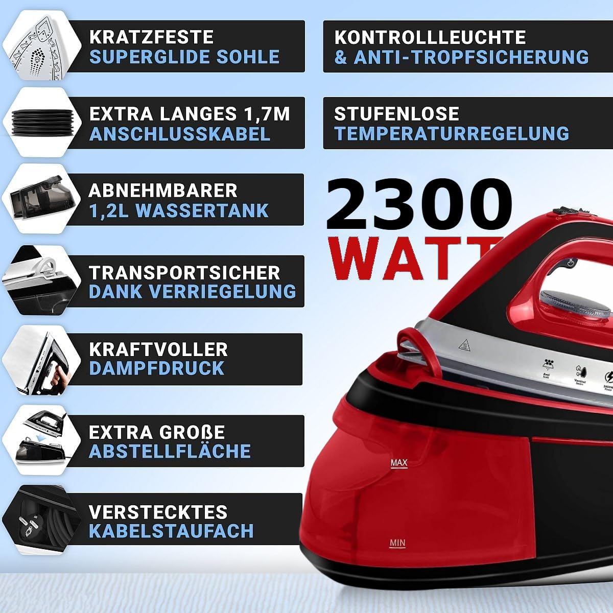 ROYALTY LINE, Generador de Vapor Rojo 2300W RLDBST2300W1-RED, Capacidad 1200ml, Suela de Cerámica, Vapor Vertical, 5 Programas, Temperatura Regulable, Ideal para Todos los Tejidos
