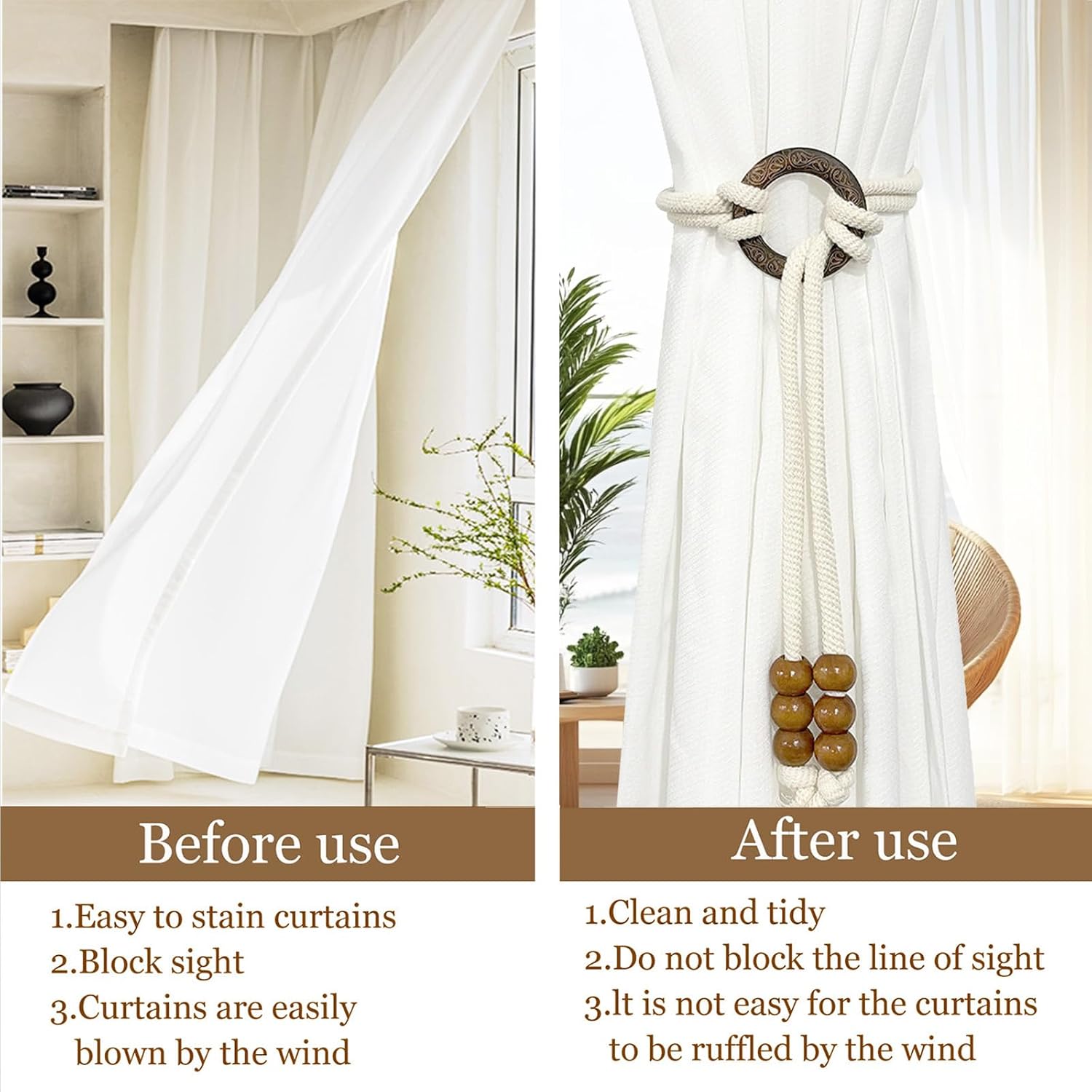 2pcs Wooden Bead Curtain Tiebacks,Bohemian Curtain Clasp, Curtain Tiebacks No Hole Punching Decorative for Bedroom Window Treatment (Coffee Color)