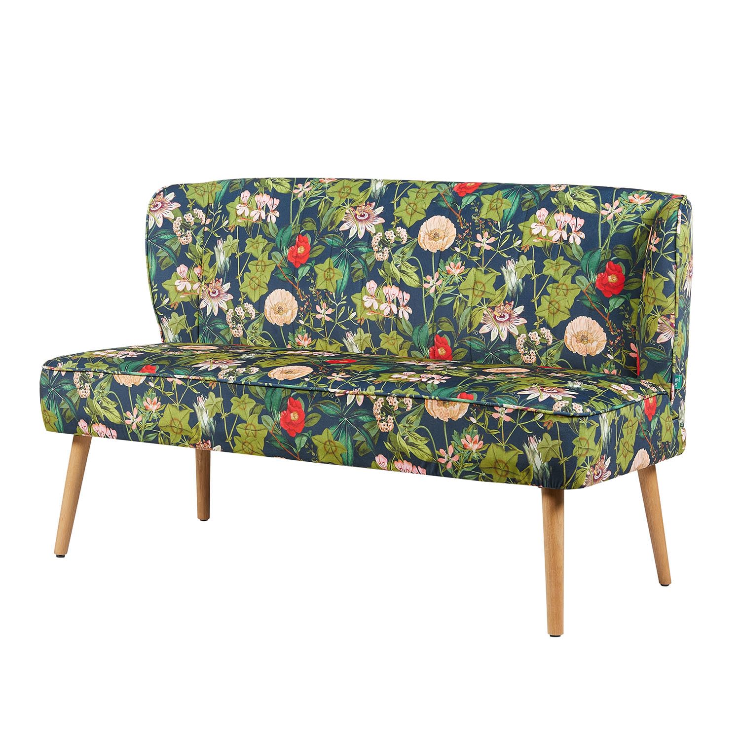 DUBI Möbel Sitzbank Sophia 140 cm mit Federkernpolsterung – Komfortable Esszimmerbank im Blumen-Design – Gepolsterte Küchenbank Dunkelblau Floral – 2-Sitzer Sofa mit Holzbeinen