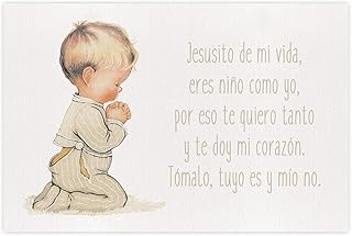 CUADRIMAN | Cuadro para Habitación Infantil Beige Liso | Bebé Niño Rezando con oración Jesusito. Tamaño 30 x 20 cm | Impreso sobre Lienzo