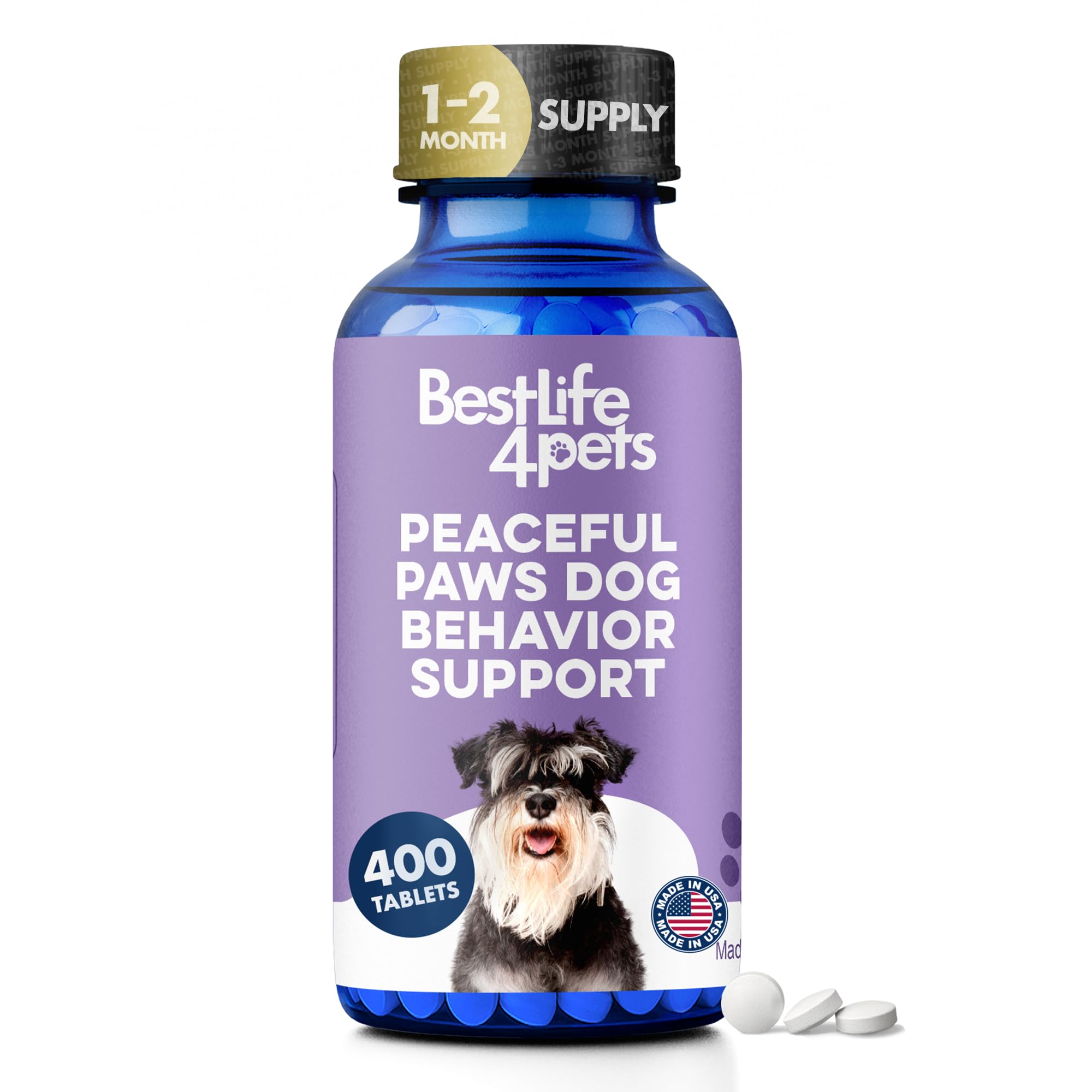 Peaceful Paws Dog Aggression & Noise Phobia Relief, Anxiety Relief for Dogs, Dog Calming Remedy for Biting, Barking, Chasing, Attacking, and Other Canine Behavior Issues, 400 Non-Drowsy, Small Pills