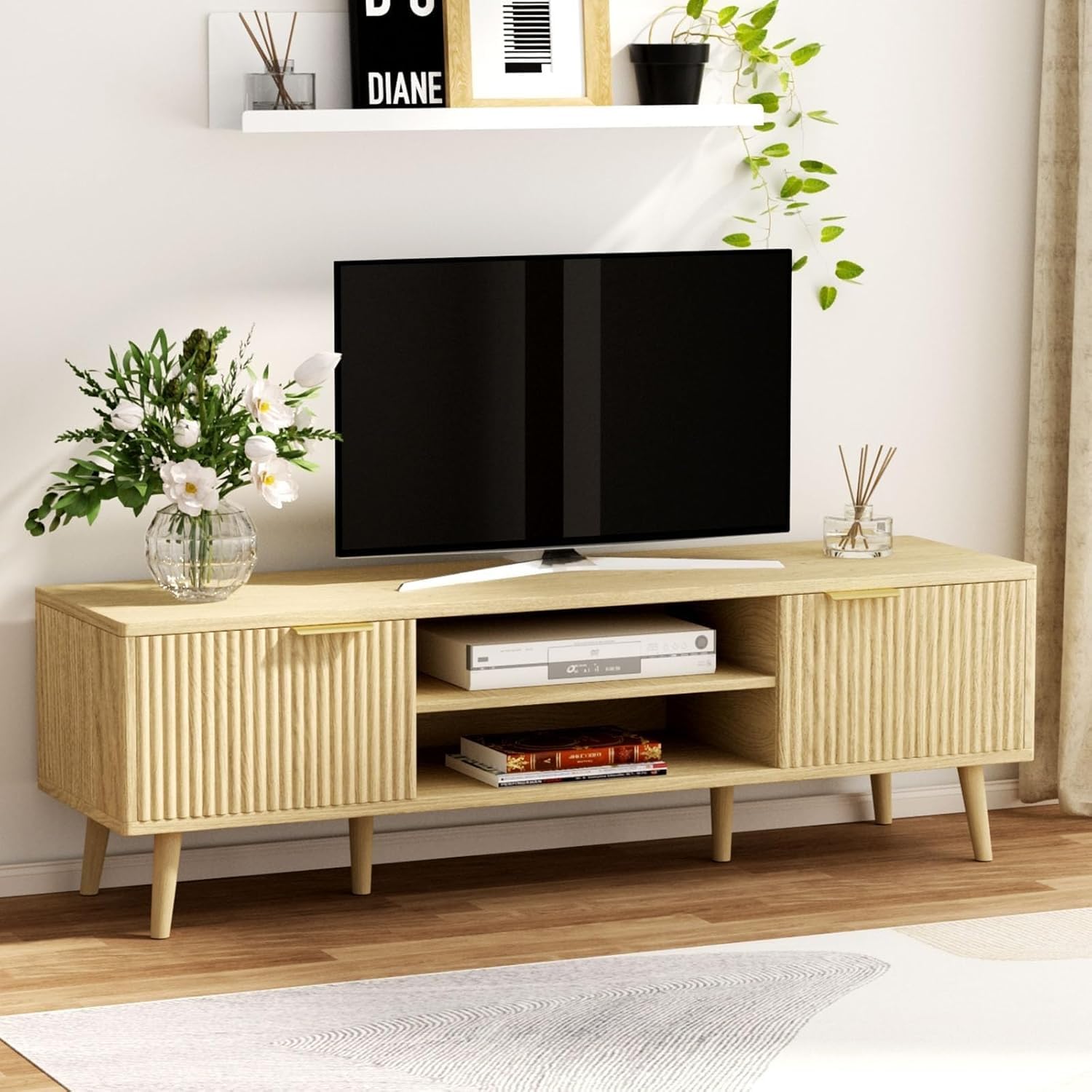 YLGJ&TIDY 140 CM Mueble de TV, Estilo Mid-Century Moderno Mesa de TV, 2 Almacenamiento Abierto & 2 Gabinetes Mueble Salon TV, Compatible con TV 55/60/65 Pulgadas, Madera Natural