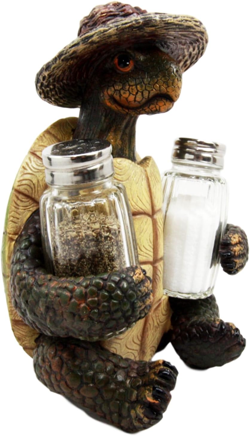 Ebros Slow Seasons Outdoors Camping Turtle With Wicker Hat Salt And Pepper Shakers Holder Figurine 7"H Turtles Tortoise Tortoises Themed Decor Animal Reptile Ocean Nautical Sea River Animal Sculpture