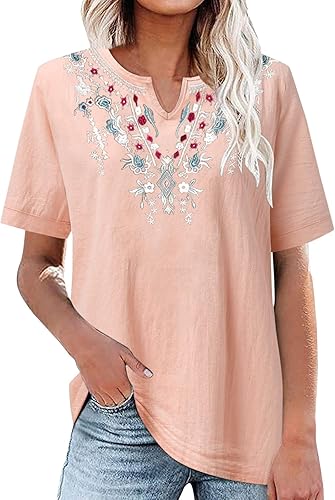 Miniatura 2 de Camisetas de lino para mujer, a la moda, bordadas, casuales, de manga corta, sueltas, ligeras, para el verano