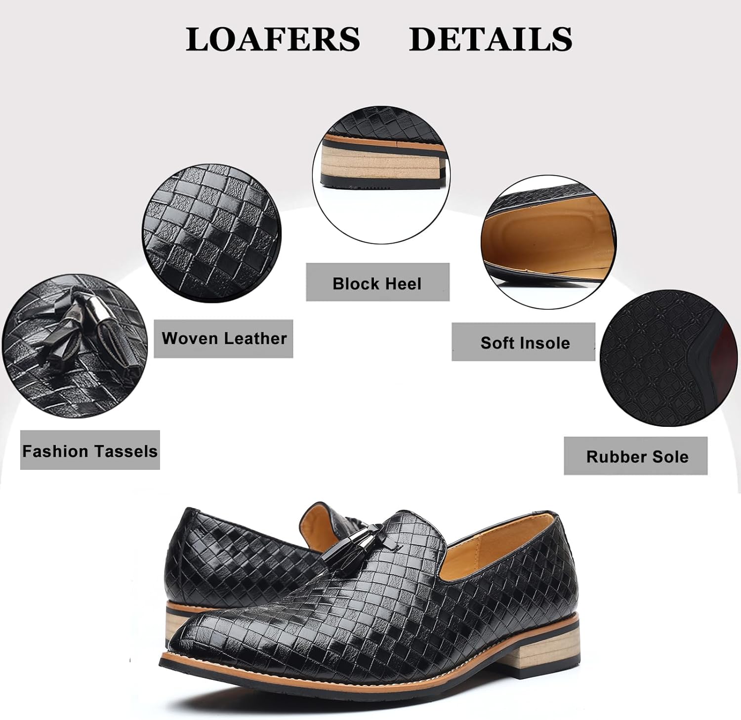 Men's Woven Leather Tassel Loafers Fashion Lightweight Slip On Low Block Heel Smoking Slipper Weeding Party Prom Dress Shoes for Men - Image 4
