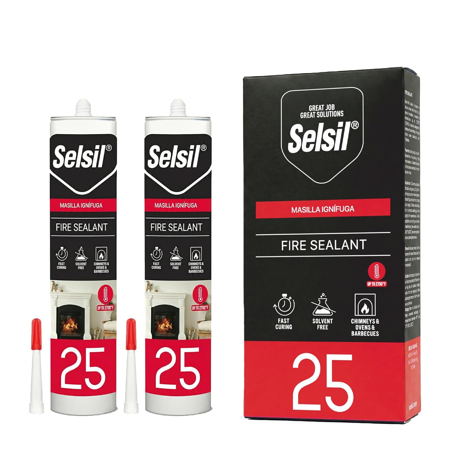 SELSIL Fire Sealant High Temperature Fireplace & Stove Sealant - 2700°F - Heat Resistant Fireproof Caulk for Chimney, Oven, BBQ Grill and More – Fast Curing, Crack Resistant, 2x10.1 fl oz, 2 Pack