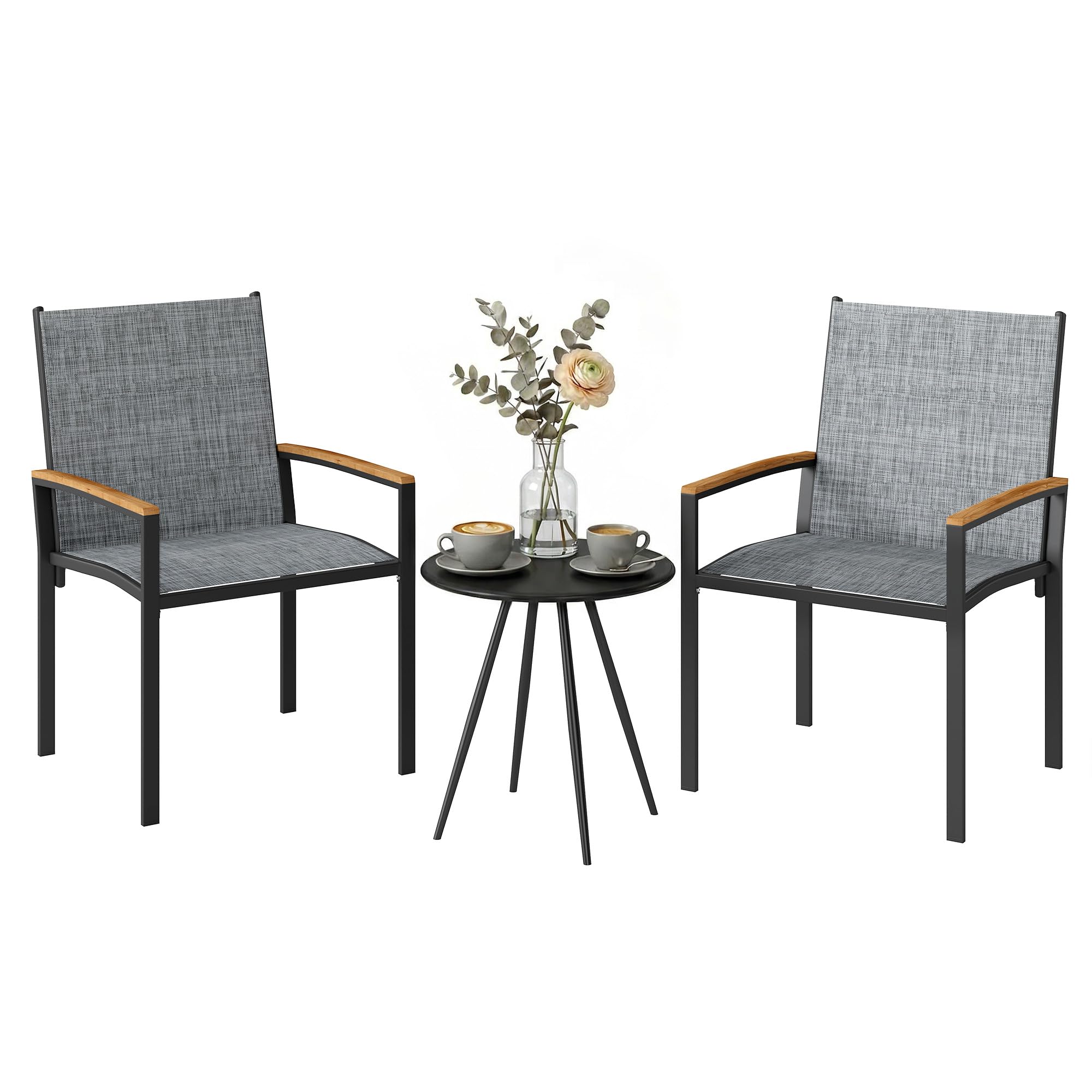 Outsunny Set da Bistrò da 3 Pezzi, Set da Giardino con 2 Sedie Texteline, Tavolo con Piano Metallo, Braccioli Decorativi, Set di Mobili da Giardino in Acciaio, per Patio Balcone Terrazzo, Grigio Misto