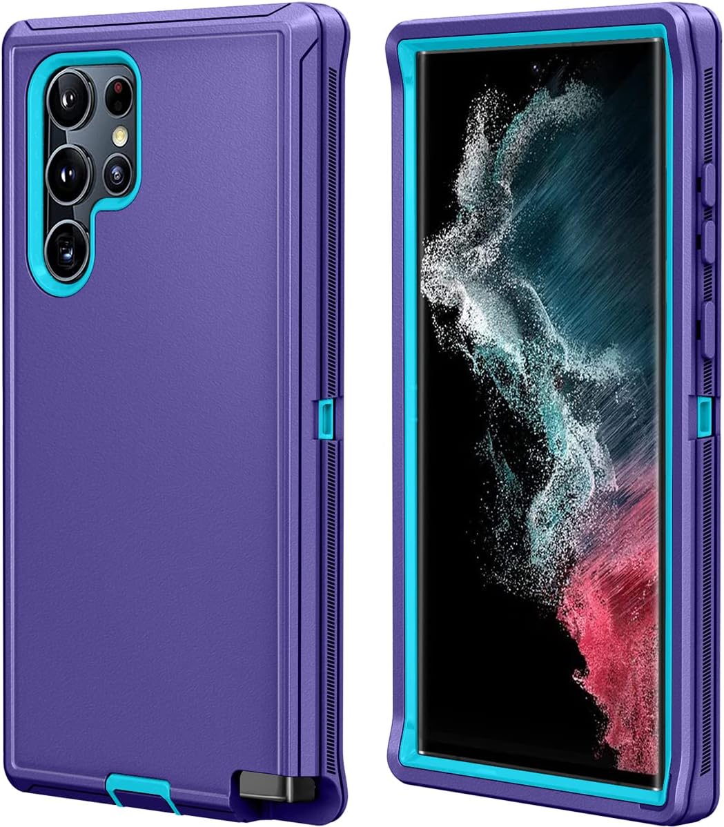 Qinmay for Samsung S22 Ultra Case,Galaxy S22 Ultra Case 3-Layer Super Full Heavy Duty Body Bumper Cover/Shock Protection/Dust Proof for Samsung Galaxy S22 Ultra 5G 6.8 Inch (Purple SkyBlue)