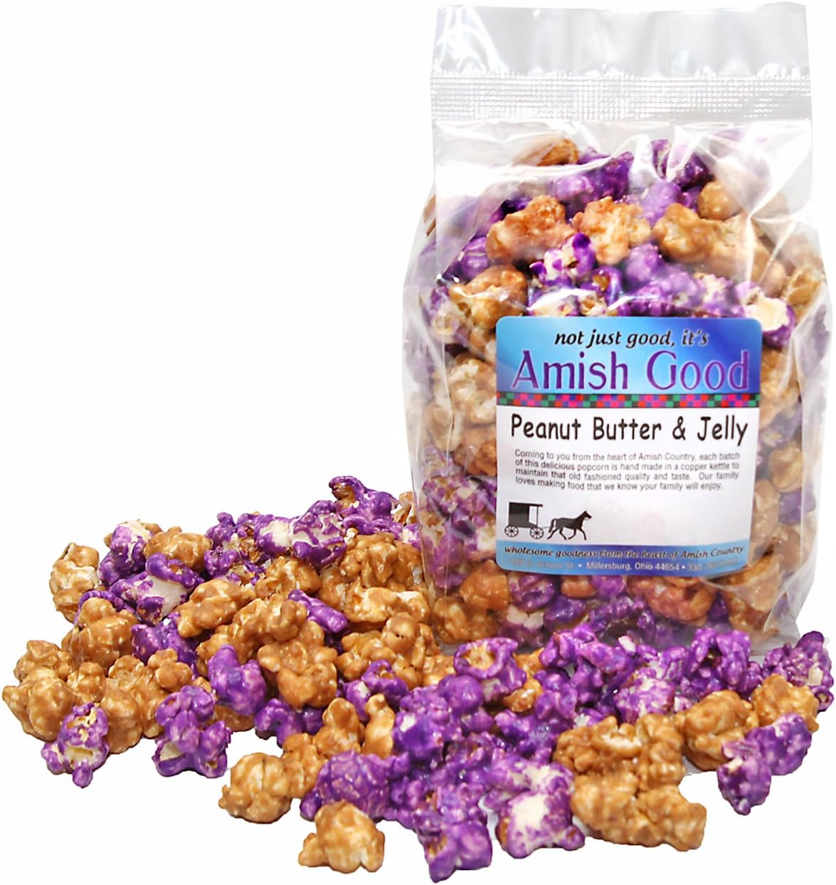 Amish Good Premium Peanut Butter and Jelly Popcorn - Hand Stirred in Copper Kettle Real Butter and Coconut Oil Makes Better Popcorn! (12 oz Bag)