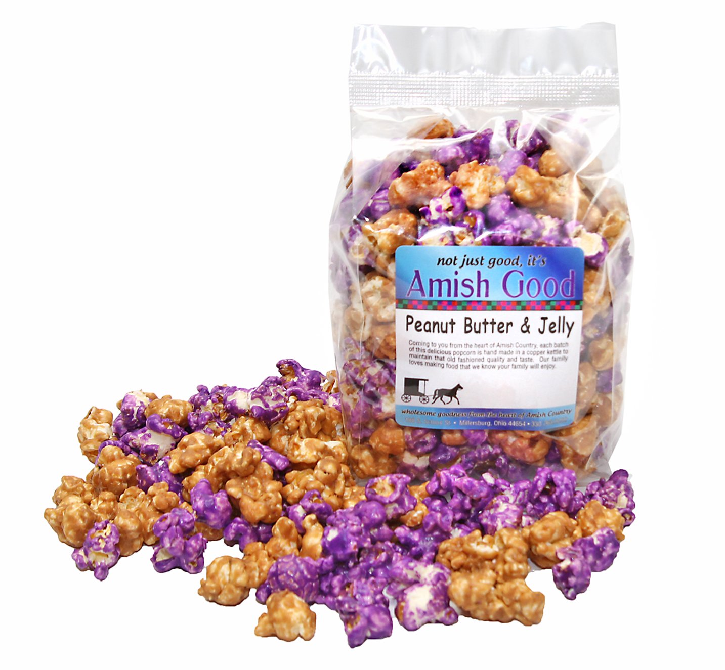 Amish Good Premium Peanut Butter and Jelly Popcorn - Hand Stirred in Copper Kettle Real Butter and Coconut Oil Makes Better Popcorn! (12 oz Bag)